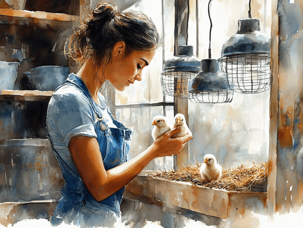 A soft watercolor of a woman in denim overalls gently holding a chick under warm heat lamps in a rustic brooder room