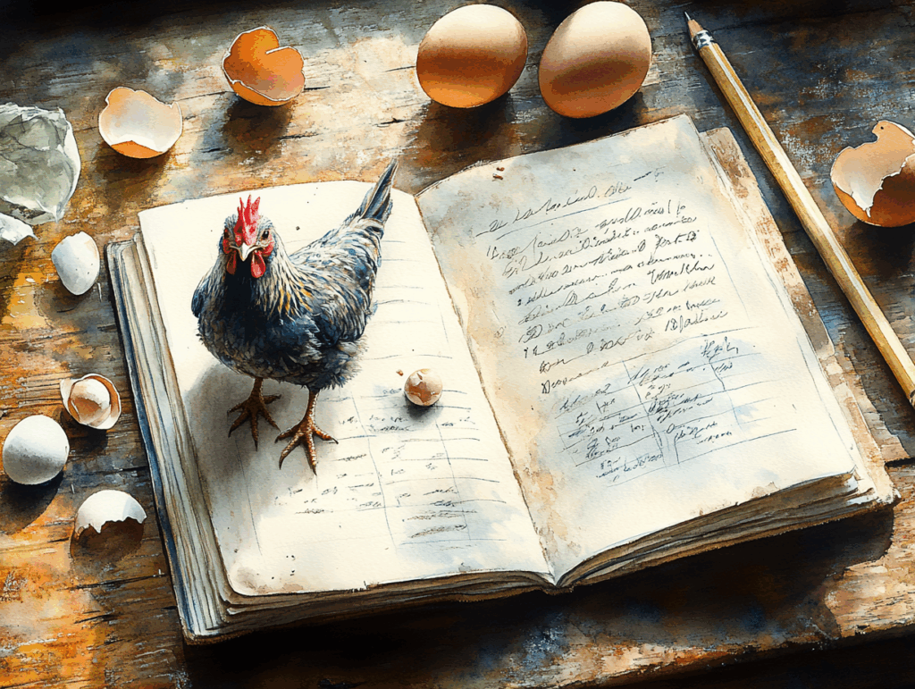 Watercolor illustration of a top-down view of a rustic notebook with handwritten chicken traits, next to feathers and eggshells.