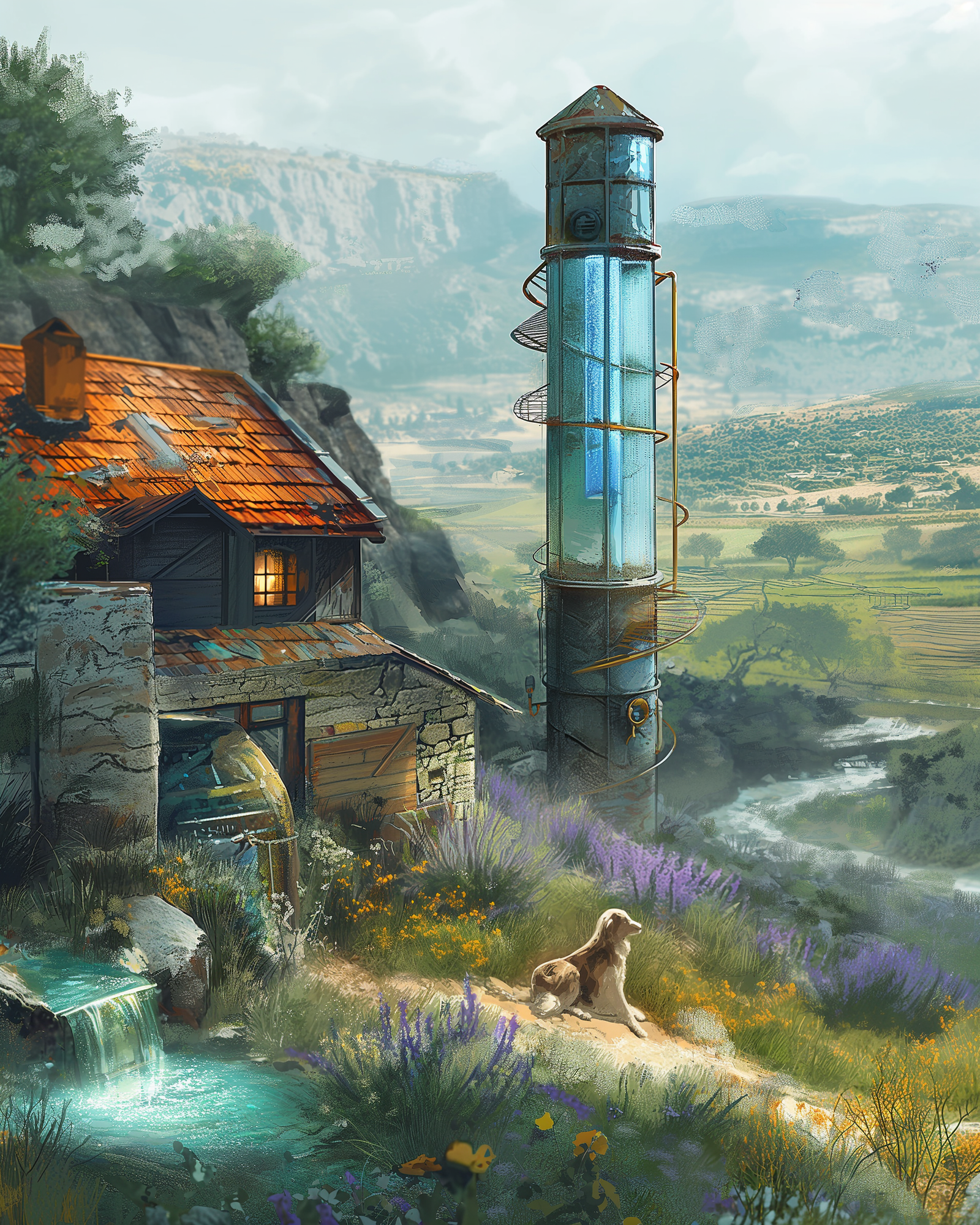 A modest atmospheric water generator hums on a misty hillside above farmland. The unit collects water from the soft morning fog, with chickens nearby and olive trees framing the scene