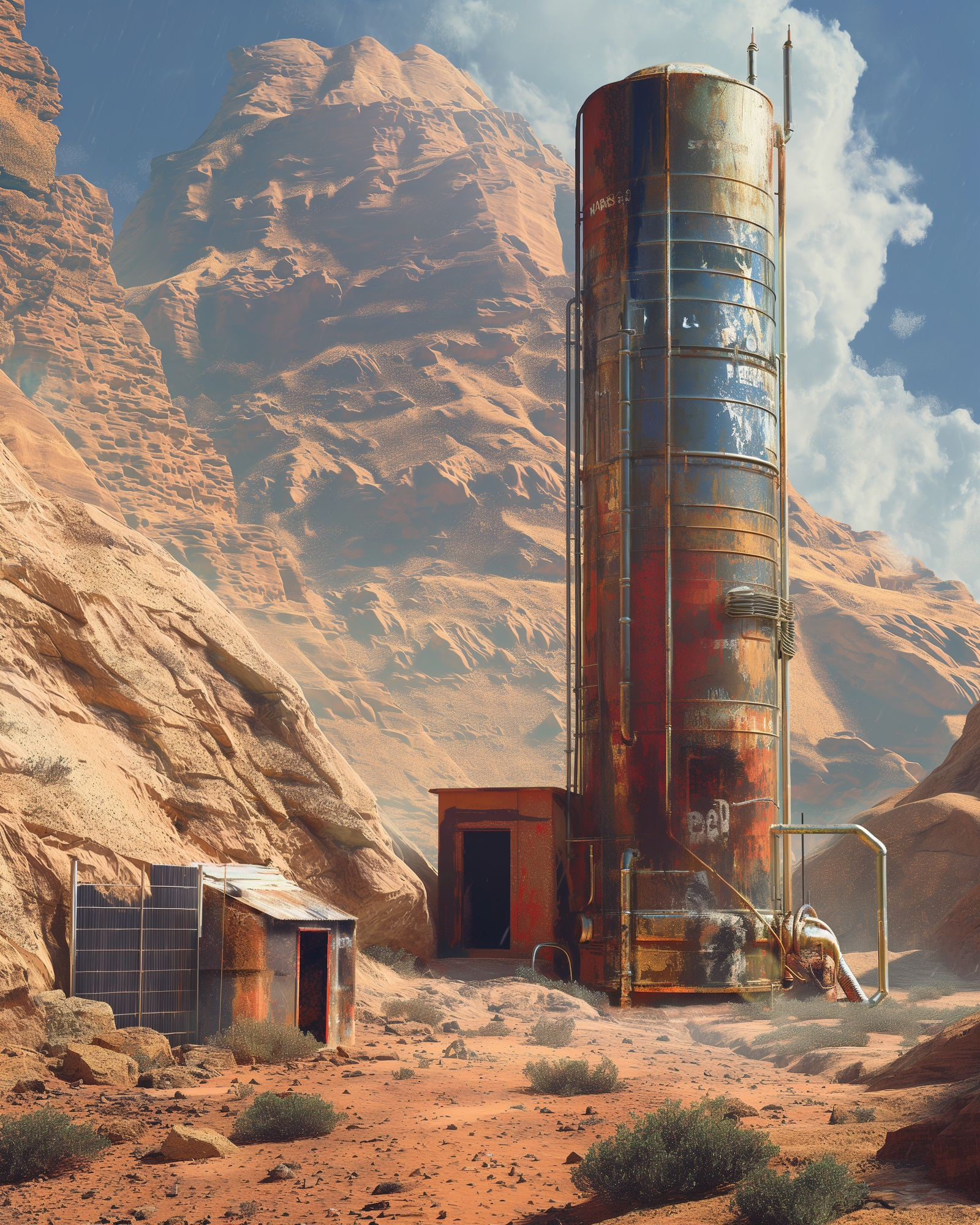 An aging atmospheric water generator stands beside a dusty shack at the edge of a desert. The air is dry, and only a few drops of condensation collect in a small tank. Hardy plants and a solar panel are visible nearby.