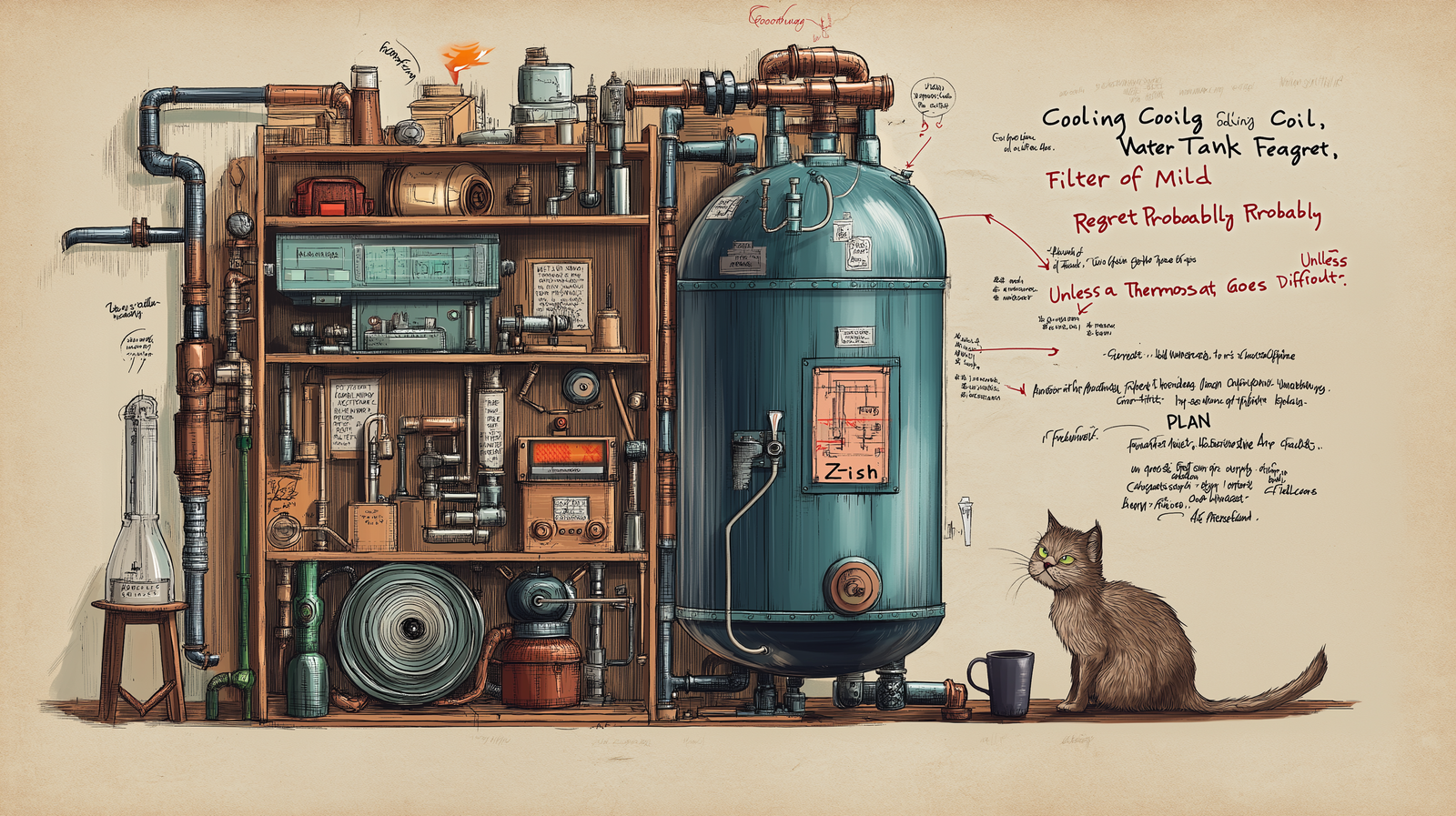 Detailed cutaway illustration of a homemade atmospheric water generator showing airflow, cooling coils, filters, a water tank, and a curious cat observing the system.