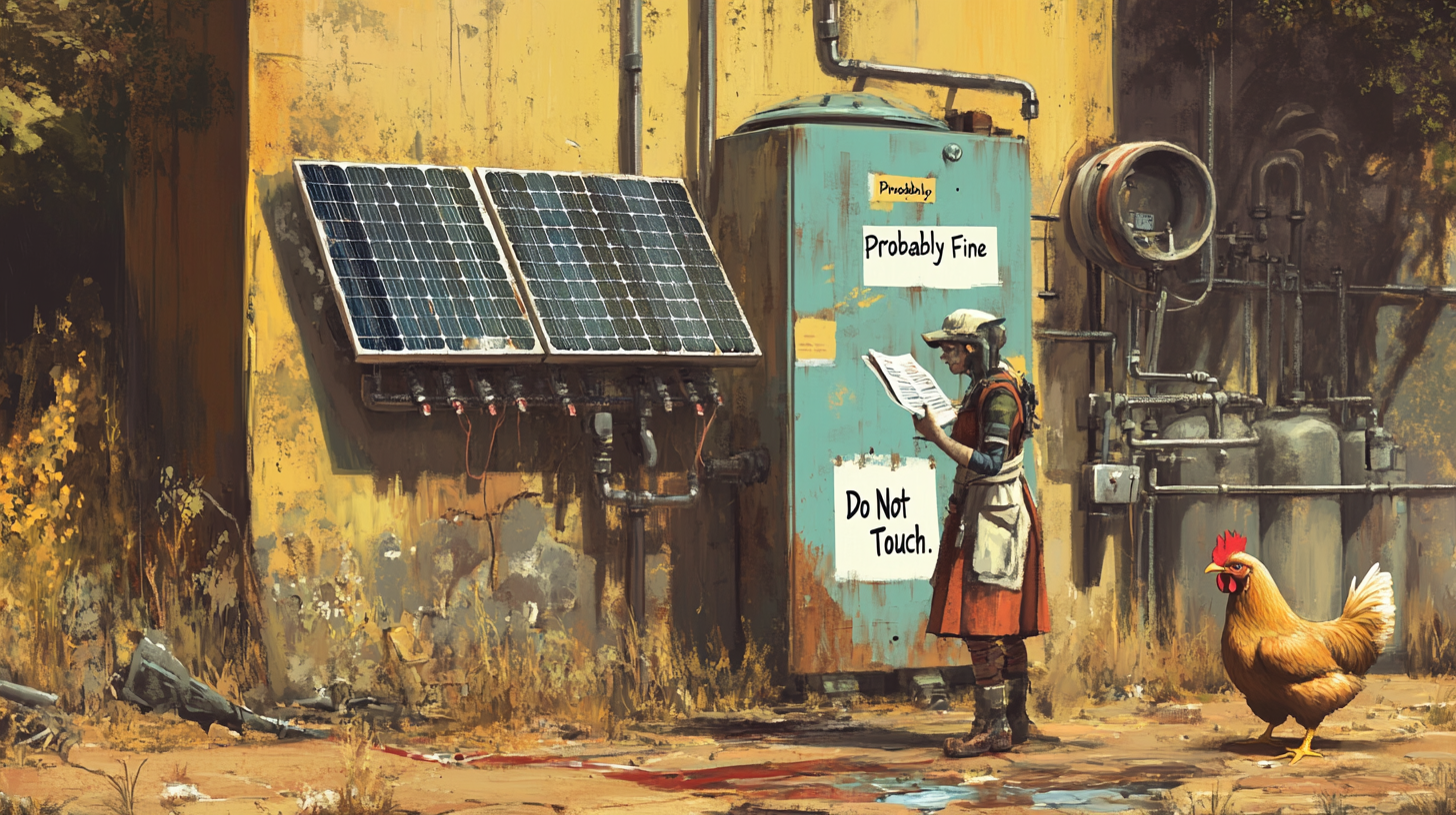 Illustration of a DIY atmospheric water generator powered by solar panels, with a confused person holding a dry hose and an electric bill. Chickens watch nearby.
